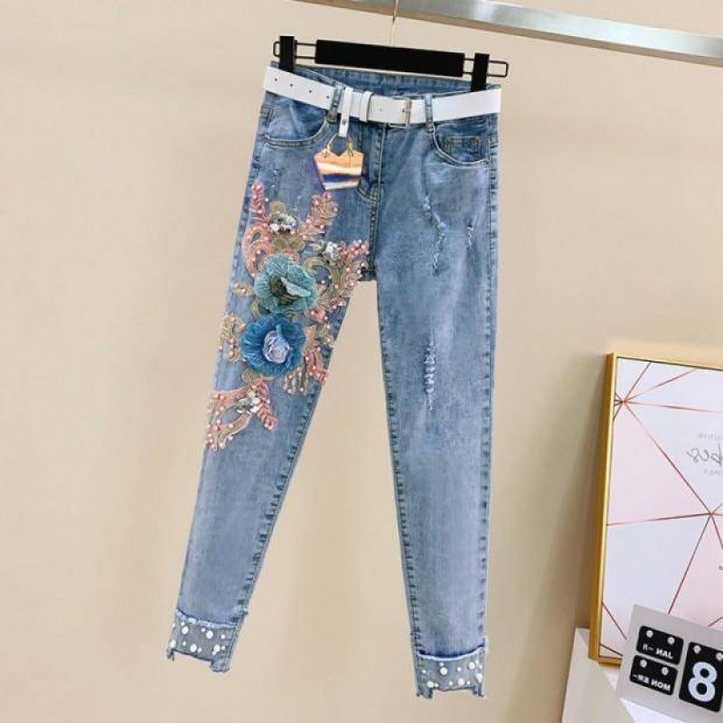 Women's Embroidered Short Sleeve and Ripped Jeans Casual Set