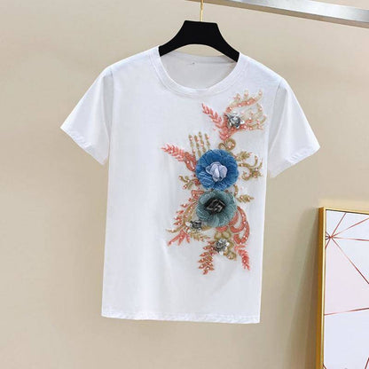 Women's Embroidered Short Sleeve and Ripped Jeans Casual Set
