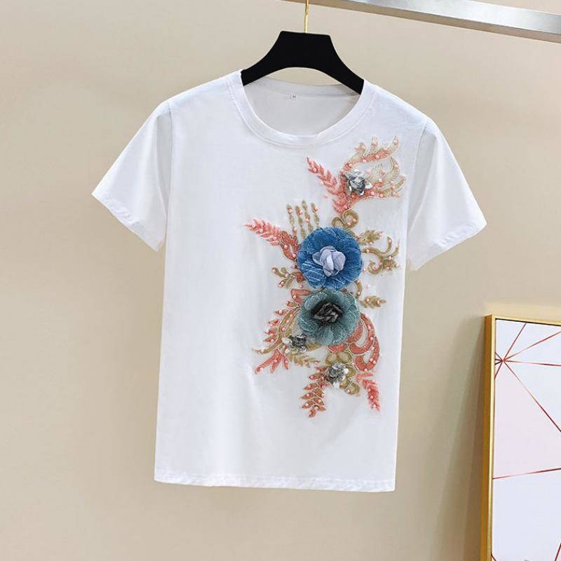 Women's Embroidered Short Sleeve and Ripped Jeans Casual Set