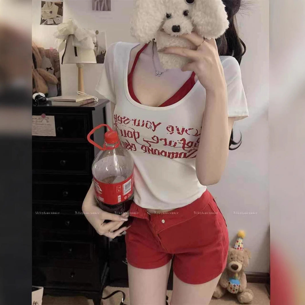 Women's Fake Two-Piece Slim Fit Short Sleeve T-Shirt
