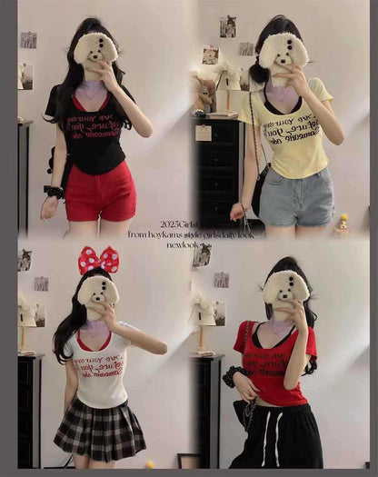 Women's Fake Two-Piece Slim Fit Short Sleeve T-Shirt
