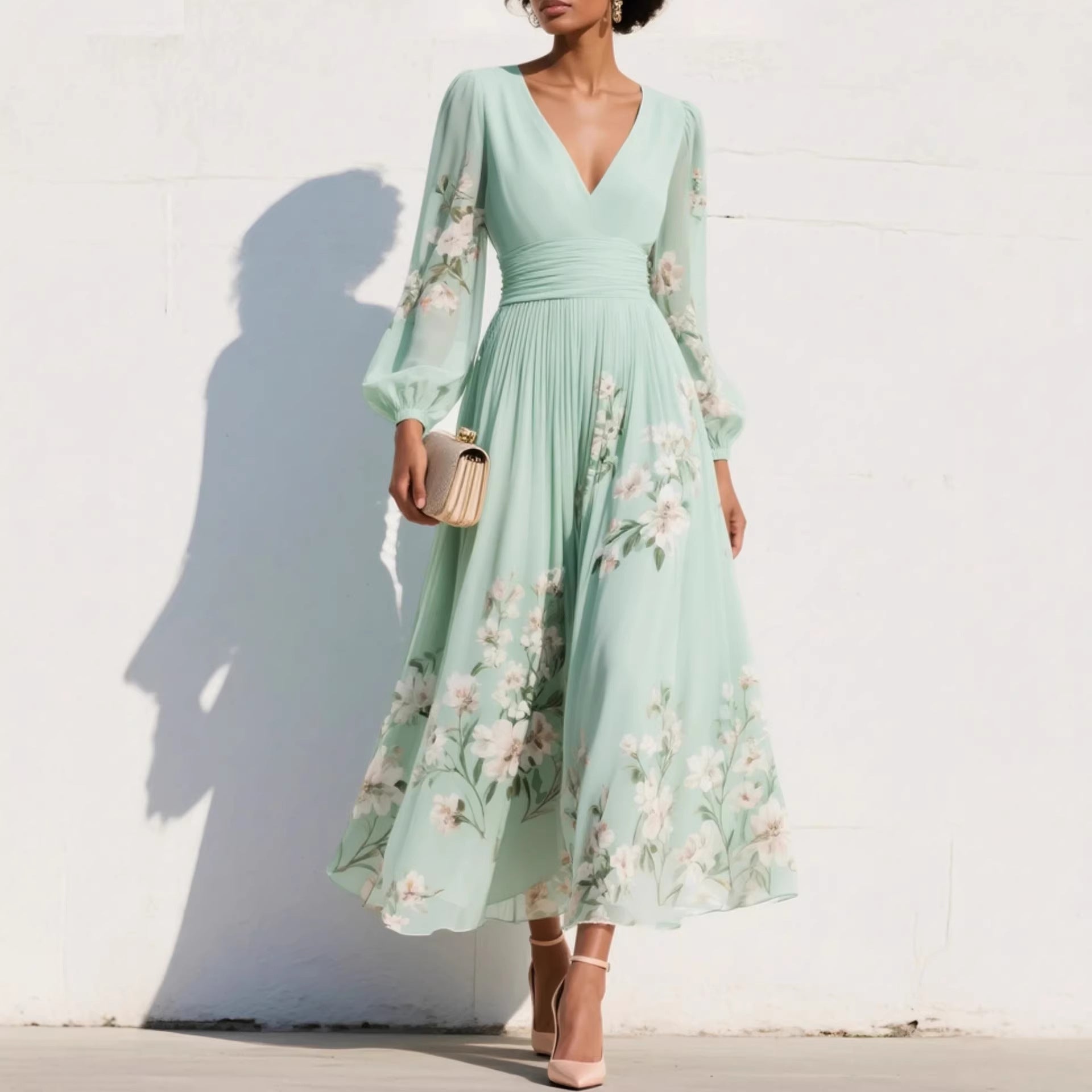 Women's Fashion Digital Print Floral Long-Sleeve V-Neck Pleated Dress