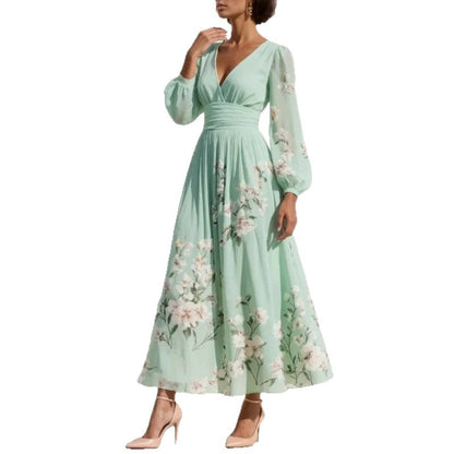 Women's Fashion Digital Print Floral Long-Sleeve V-Neck Pleated Dress
