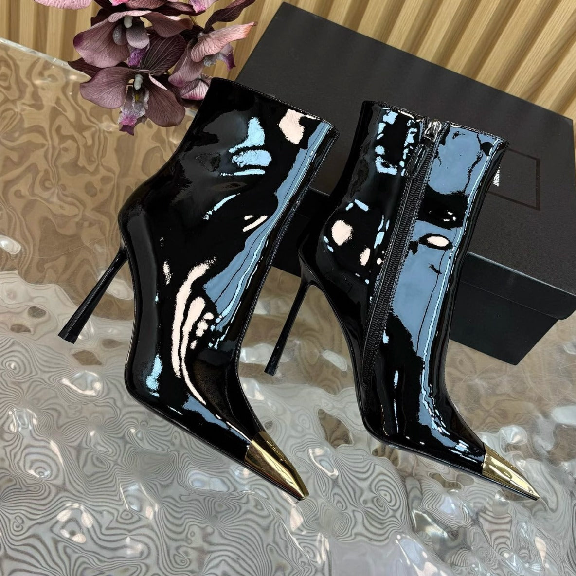 Women's Fashion High-Heel Ankle Boots with Metal Toe Cap