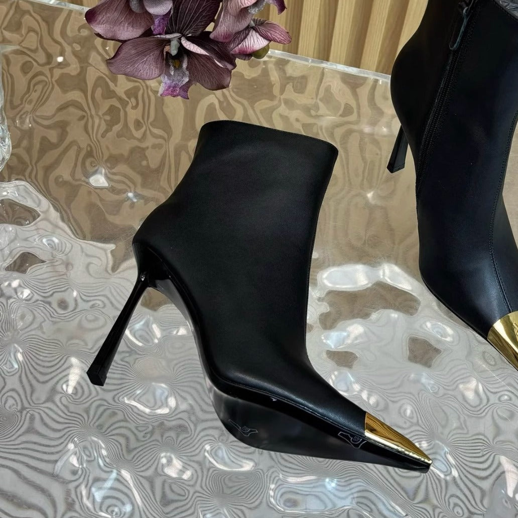 Women's Fashion High-Heel Ankle Boots with Metal Toe Cap