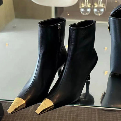 Women's Fashion High-Heel Ankle Boots with Metal Toe Cap