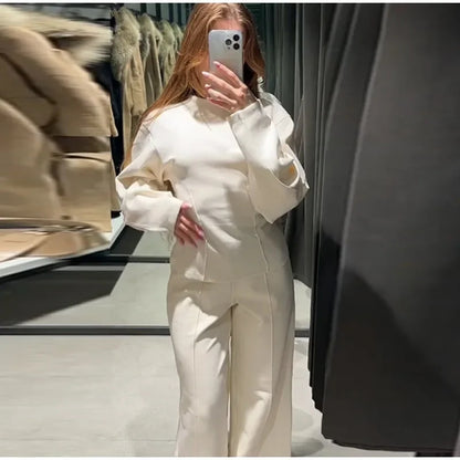Women's Fashion Long-Sleeved Pleated Top and Wide-Leg Pants