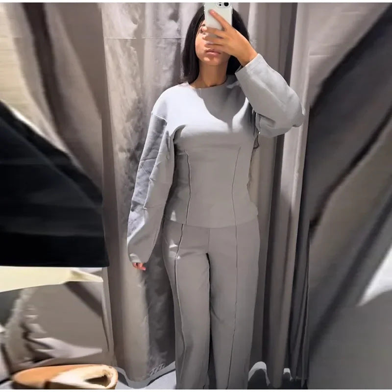 Women's Fashion Long-Sleeved Pleated Top and Wide-Leg Pants