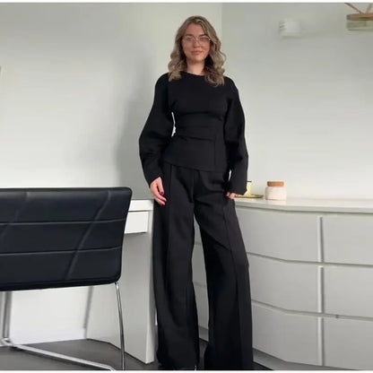 Women's Fashion Long-Sleeved Pleated Top and Wide-Leg Pants