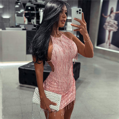 Women's Fashion Neck Backless Sequin Tassel Dress