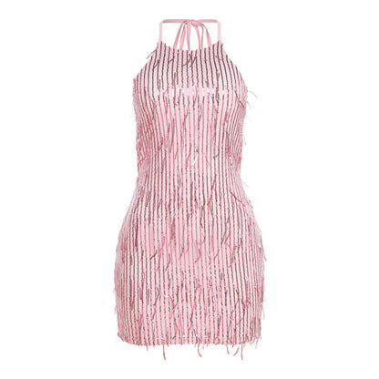 Women's Fashion Neck Backless Sequin Tassel Dress