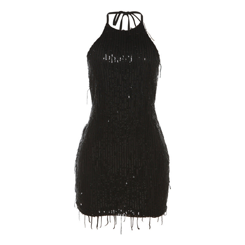 Women's Fashion Neck Backless Sequin Tassel Dress