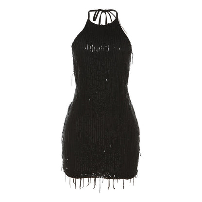 Women's Fashion Neck Backless Sequin Tassel Dress