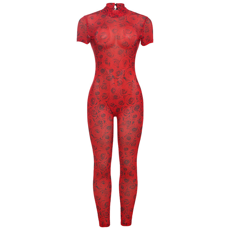 Women's Fashion Print Mesh Jumpsuit