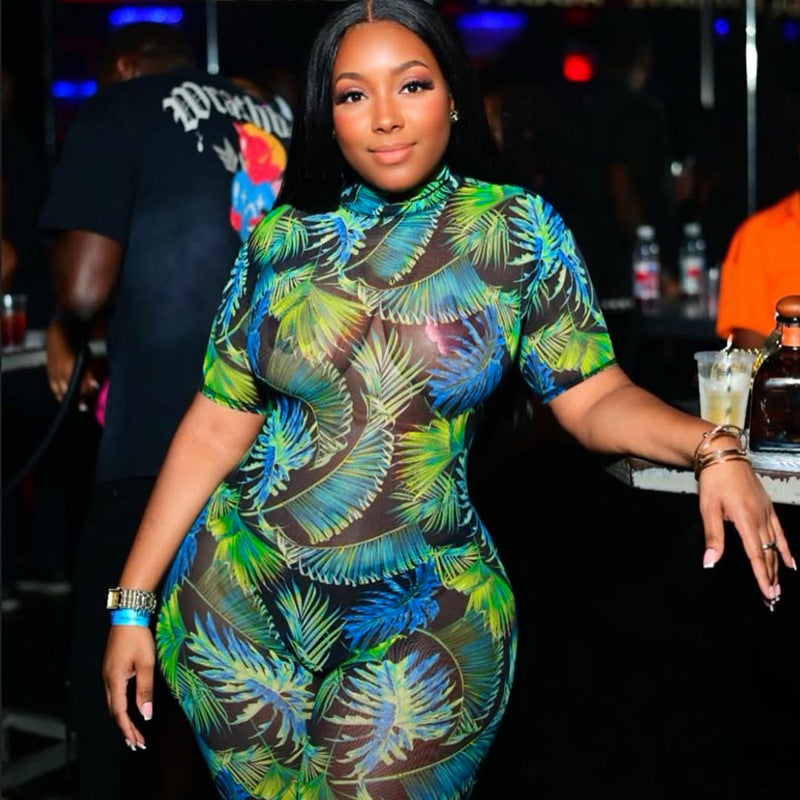 Women's Fashion Print Mesh Jumpsuit