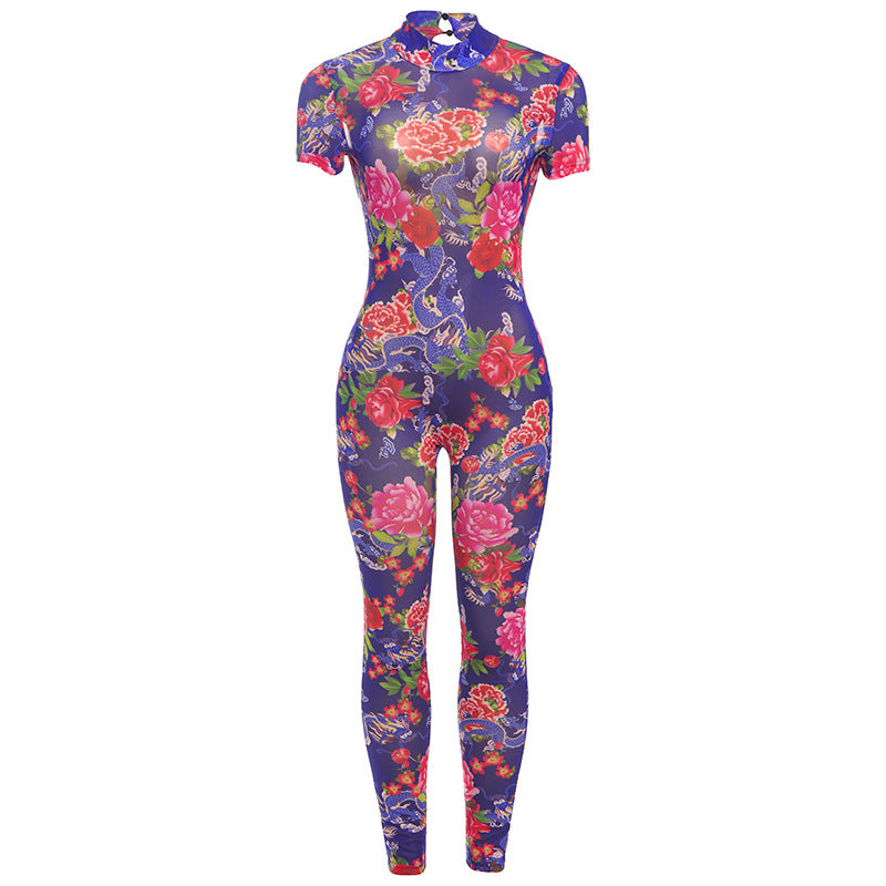 Women's Fashion Print Mesh Jumpsuit