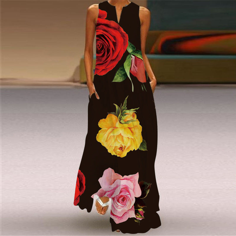 Women's Fashion Printed V-Neck Long Dress