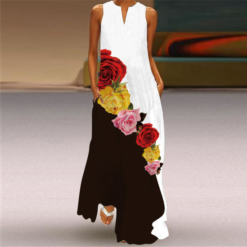 Women's Fashion Printed V-Neck Long Dress