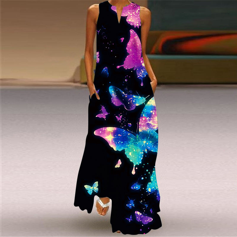 Women's Fashion Printed V-Neck Long Dress