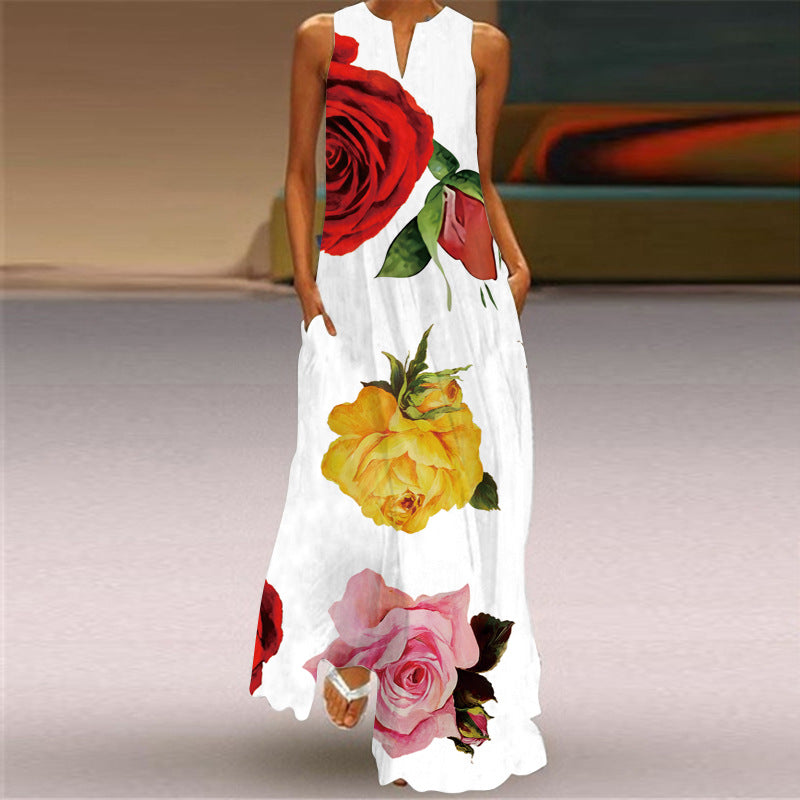 Women's Fashion Printed V-Neck Long Dress