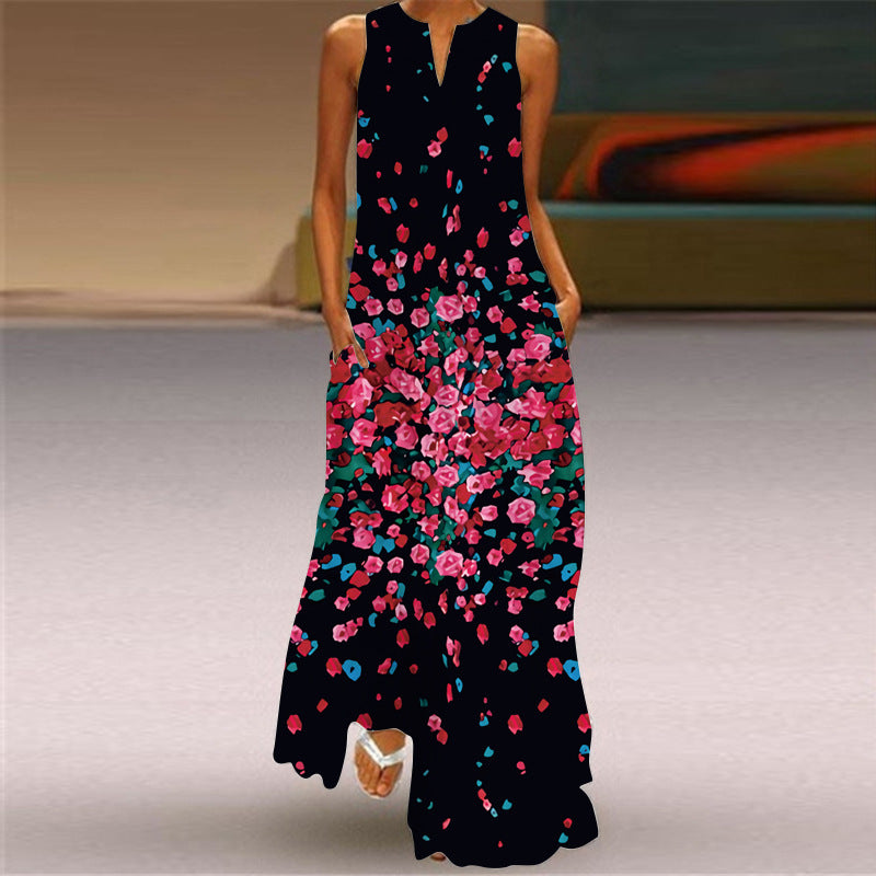 Women's Fashion Printed V-Neck Long Dress