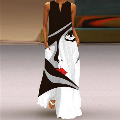 Women's Fashion Printed V-Neck Long Dress