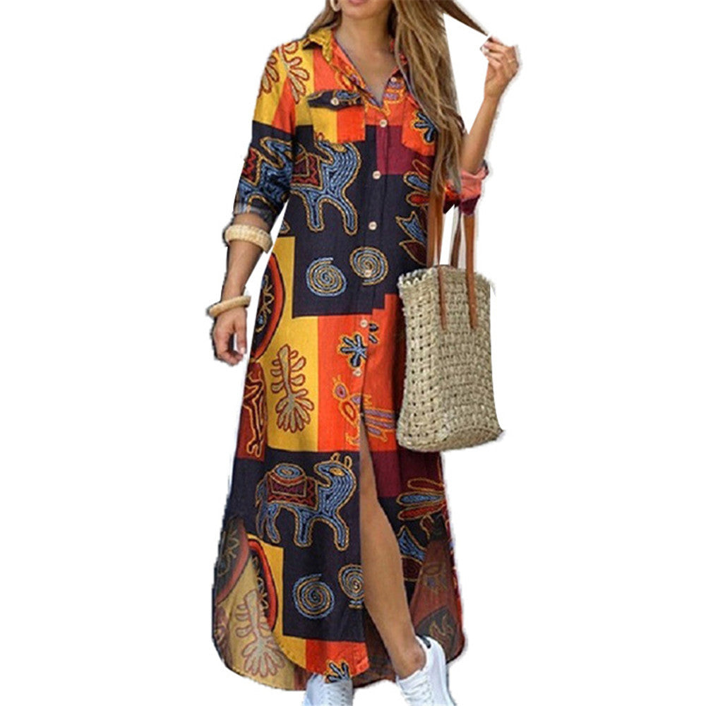 Women's Fashion Single-Breasted Shirt Long Dress