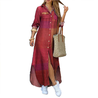 Women's Fashion Single-Breasted Shirt Long Dress