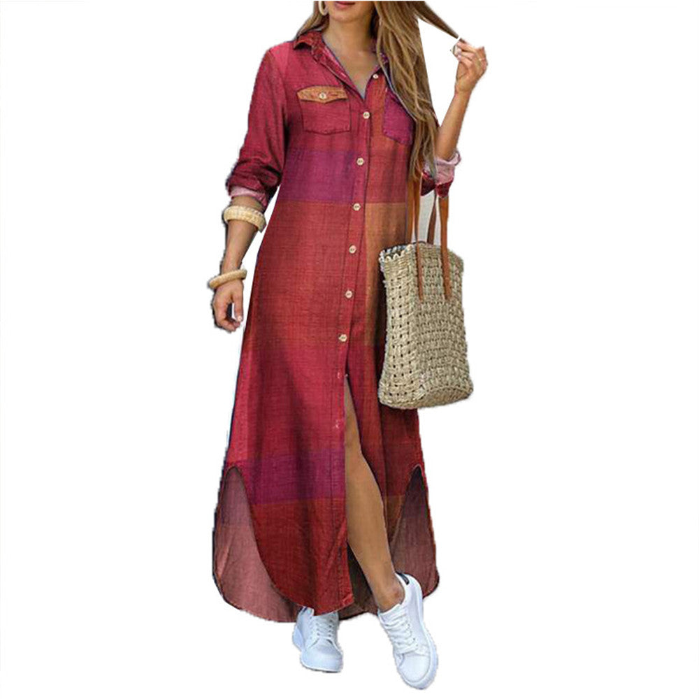Women's Fashion Single-Breasted Shirt Long Dress