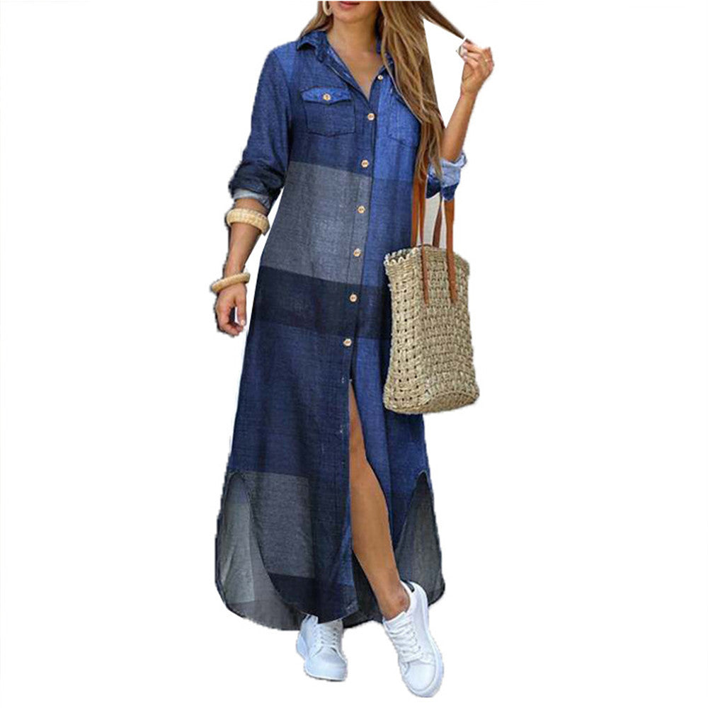 Women's Fashion Single-Breasted Shirt Long Dress