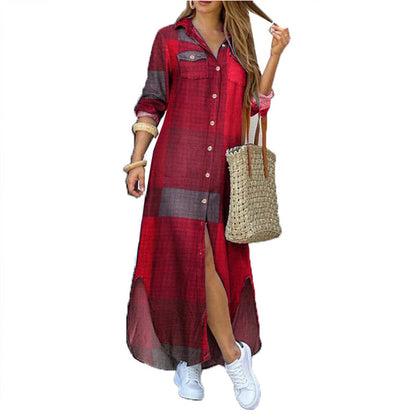 Women's Fashion Single-Breasted Shirt Long Dress
