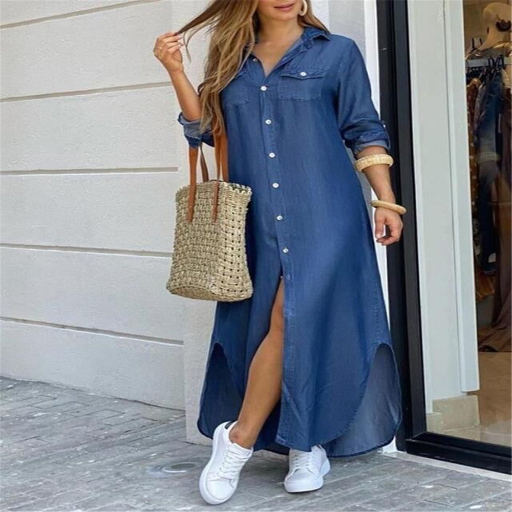Women's Fashion Single-Breasted Shirt Long Dress