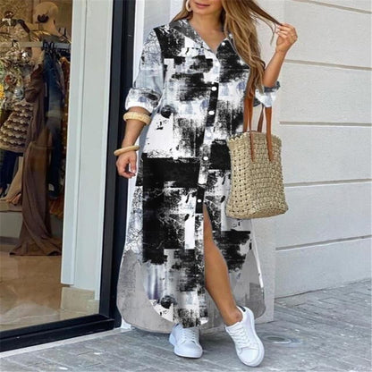 Women's Fashion Single-Breasted Shirt Long Dress