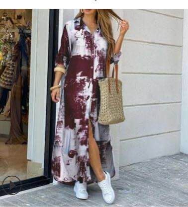 Women's Fashion Single-Breasted Shirt Long Dress