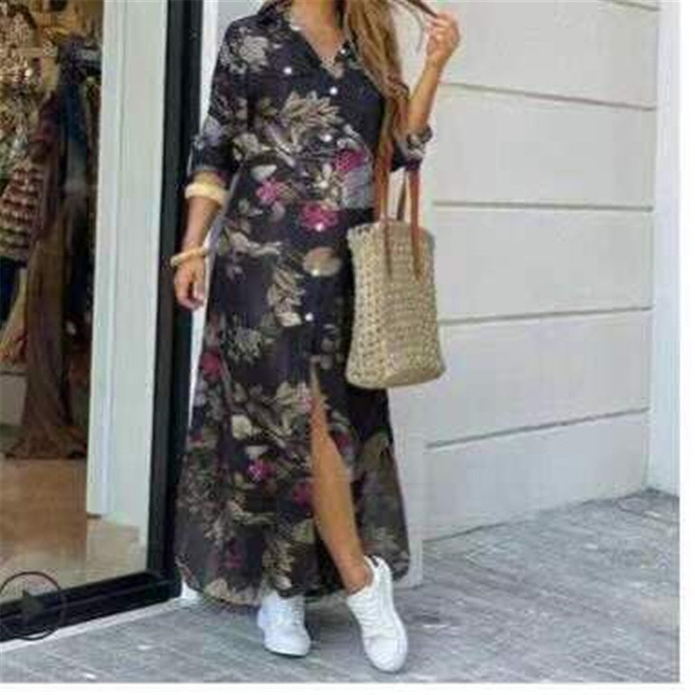 Women's Fashion Single-Breasted Shirt Long Dress