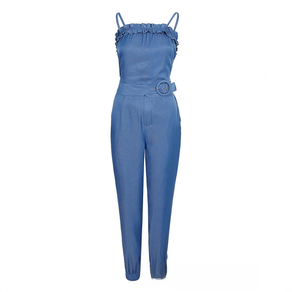 Women's Faux Denim Ruffled Camisole and Pants Set