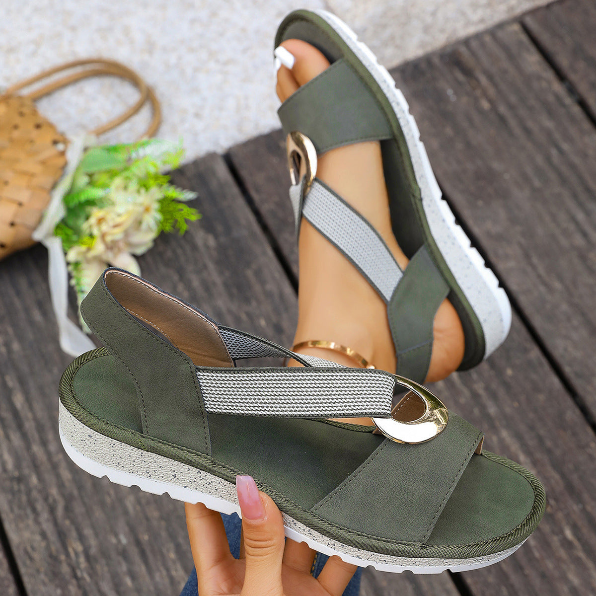 Women's Fish Mouth Sandals with Metal Buckle and Hemp Rope