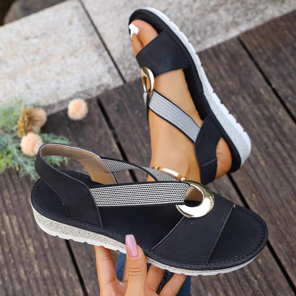 Women's Fish Mouth Sandals with Metal Buckle and Hemp Rope