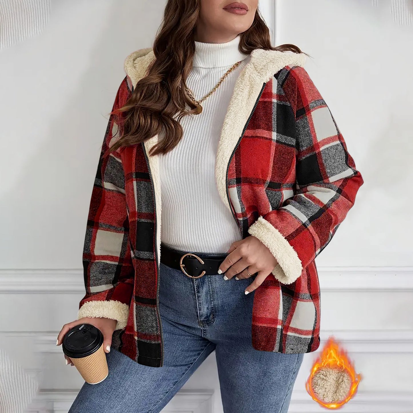 Women's Fleece Hooded Jacket Loose Fit Warm Winter Coat
