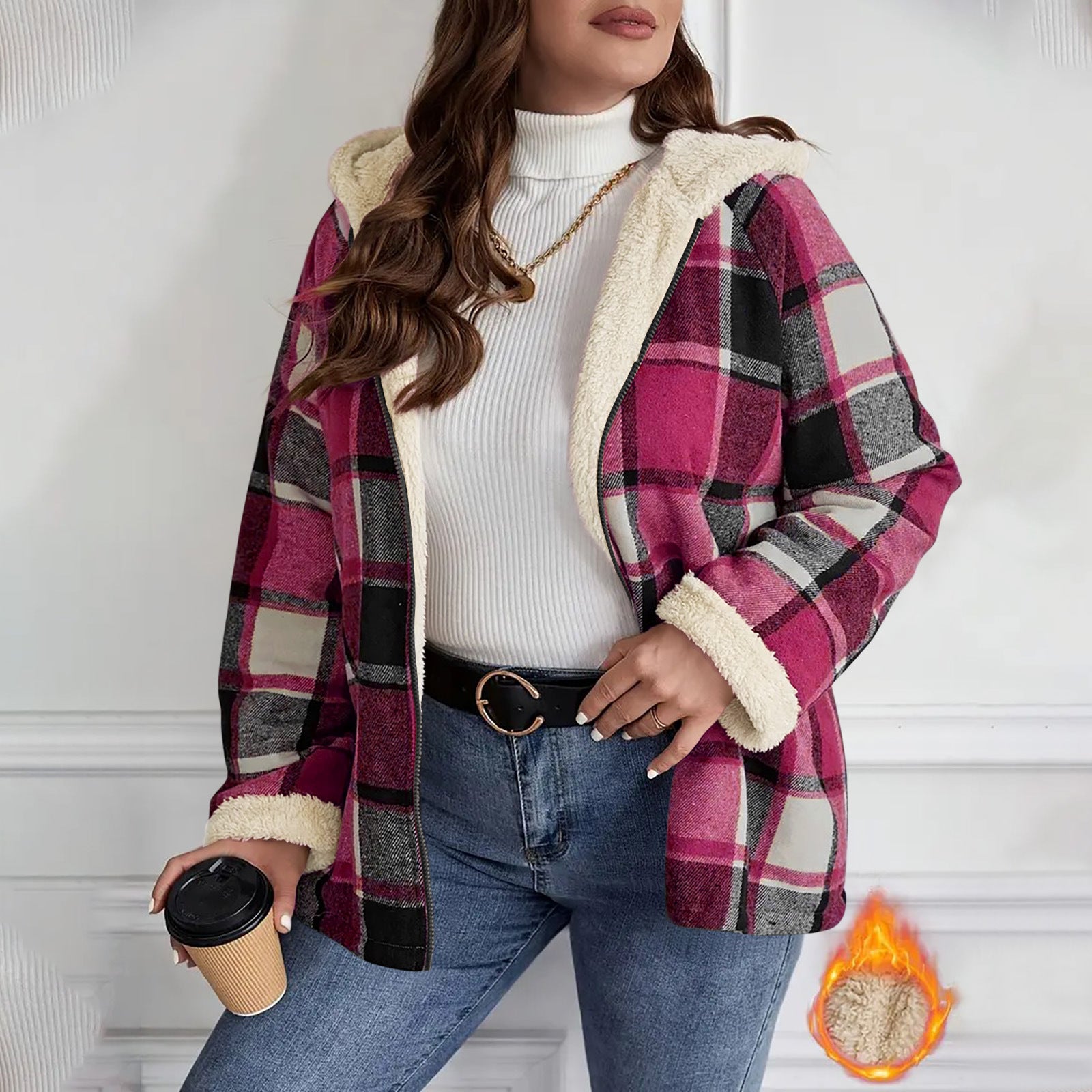 Women's Fleece Hooded Jacket Loose Fit Warm Winter Coat
