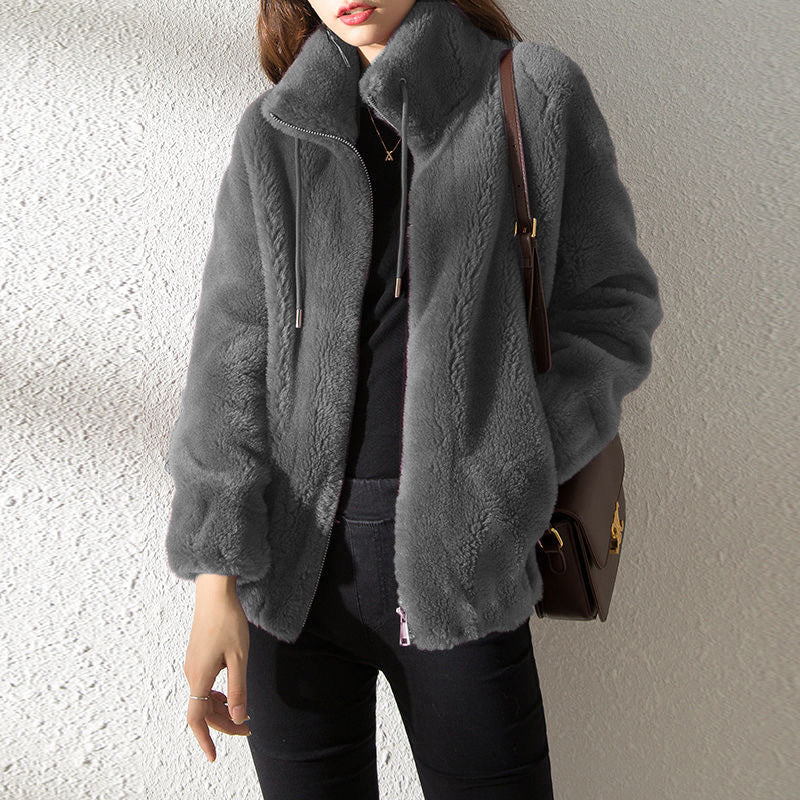 Women's Fleece Lined Cardigan with Stand Collar