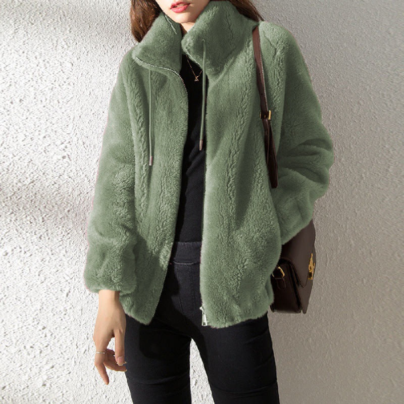 Women's Fleece Lined Cardigan with Stand Collar