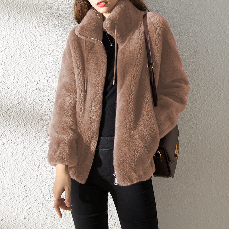 Women's Fleece Lined Cardigan with Stand Collar