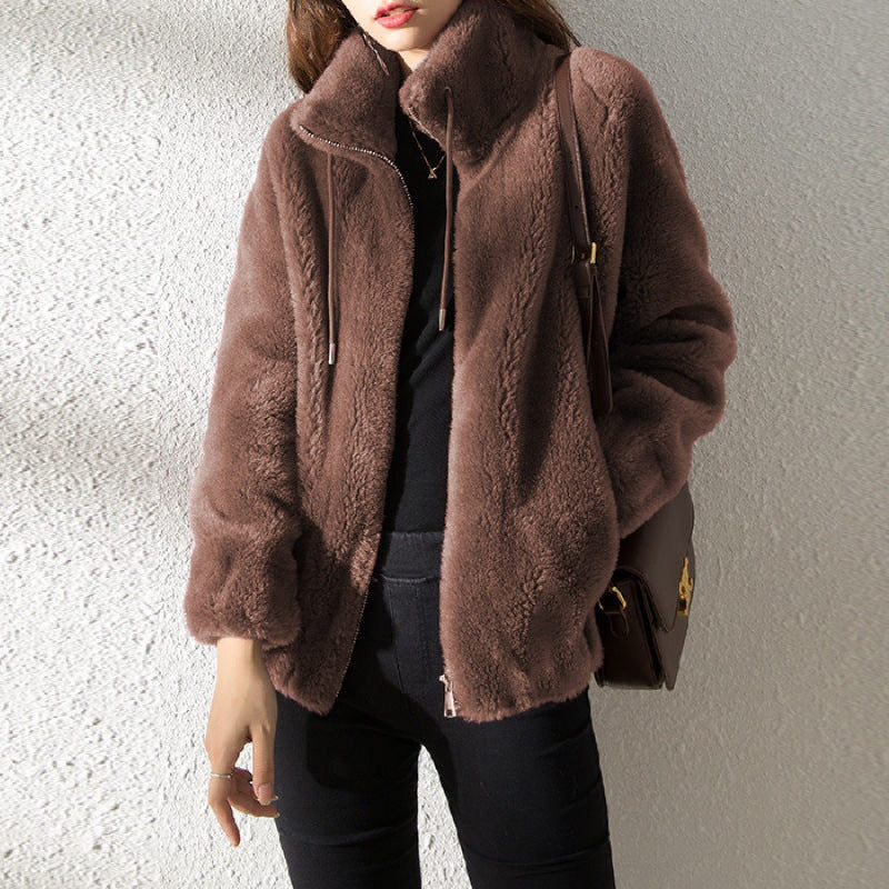 Women's Fleece Lined Cardigan with Stand Collar