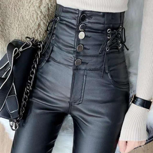 Women's Fleece-Lined High Waist Leather Pants