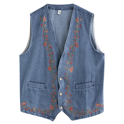 Women's Floral Embroidered Denim Vest