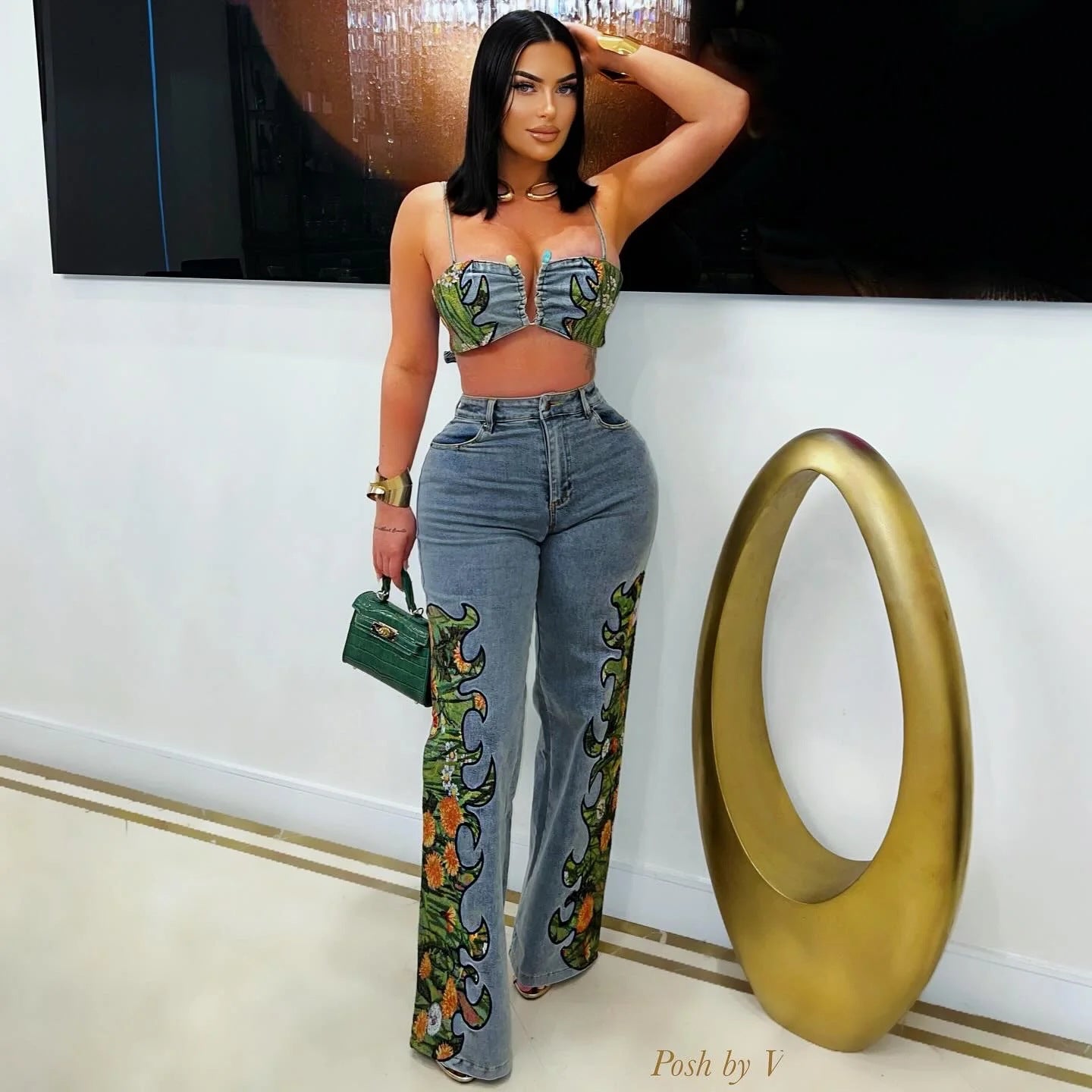 Women's Floral High Elastic Denim Suit