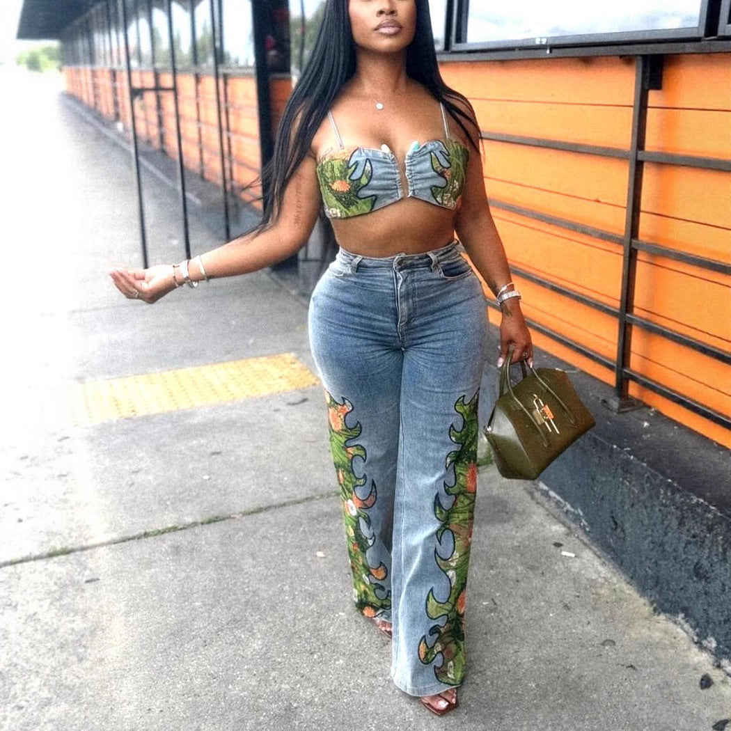 Women's Floral High Elastic Denim Suit
