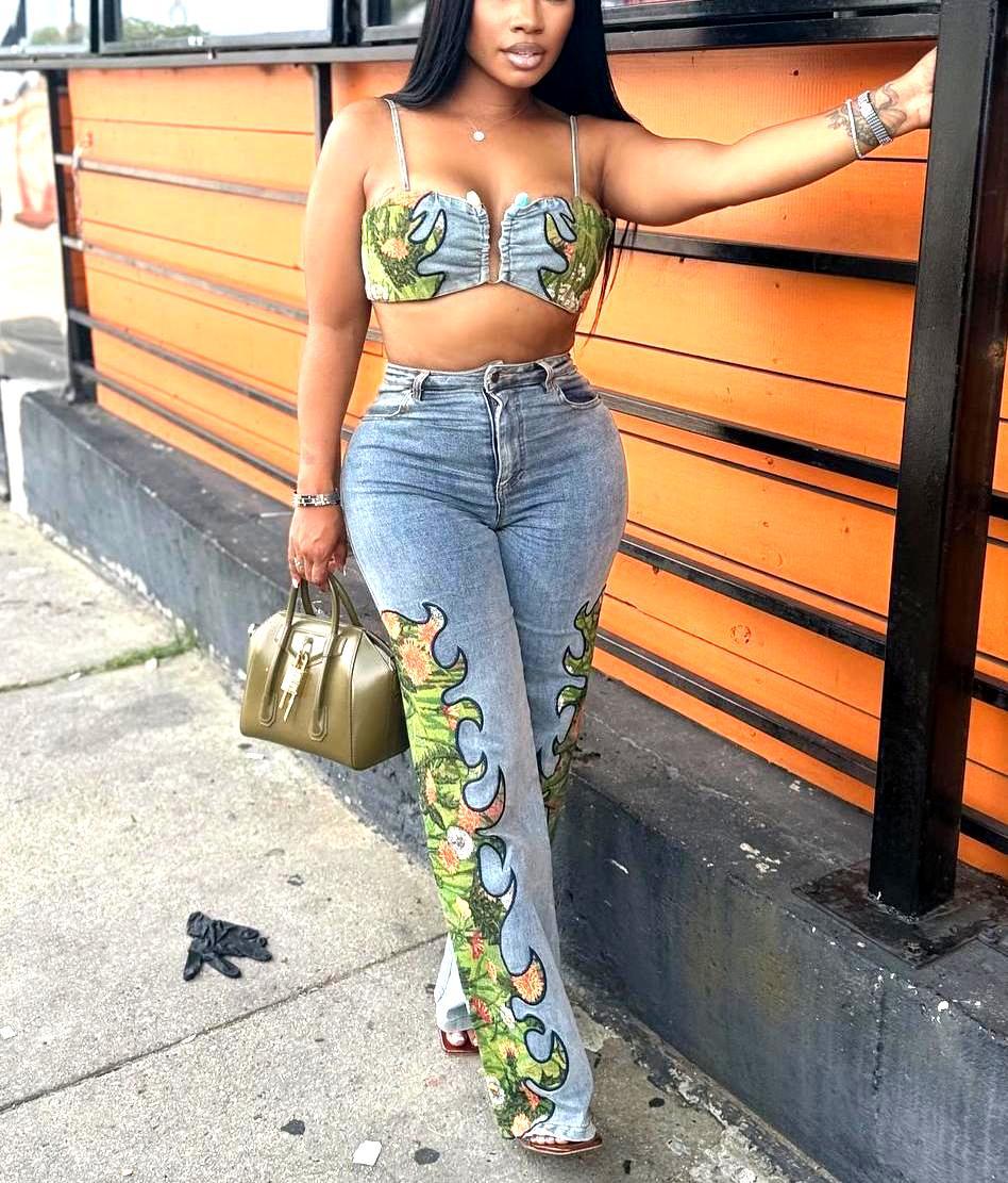 Women's Floral High Elastic Denim Suit