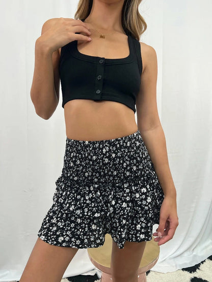 Women's Floral Pleated Skirt Short Ruffled Print Skirt